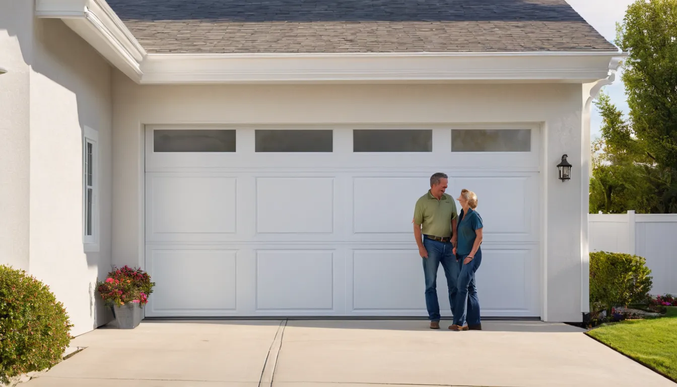 A newly installed garage door on a stucco ranch home in Glendale, the Glendale area